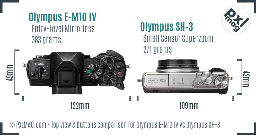 Olympus E-M10 IV vs Olympus SH-3 top view buttons comparison