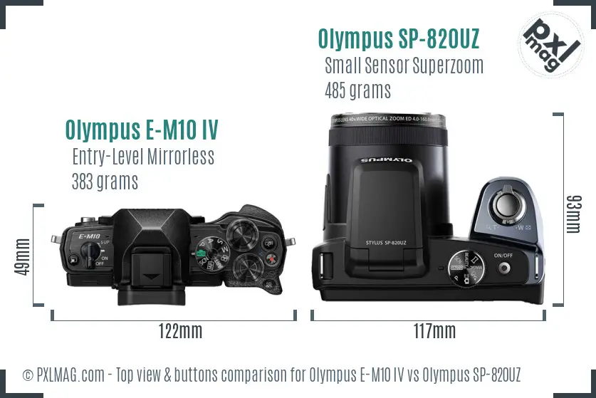 Olympus E-M10 IV vs Olympus SP-820UZ top view buttons comparison