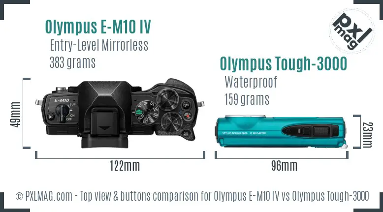 Olympus E-M10 IV vs Olympus Tough-3000 top view buttons comparison