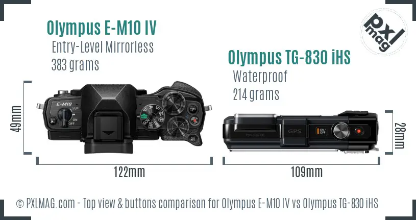 Olympus E-M10 IV vs Olympus TG-830 iHS top view buttons comparison