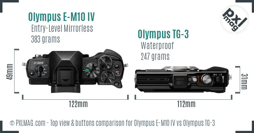 Olympus E-M10 IV vs Olympus TG-3 top view buttons comparison