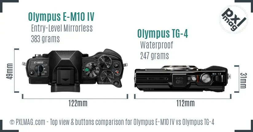 Olympus E-M10 IV vs Olympus TG-4 top view buttons comparison