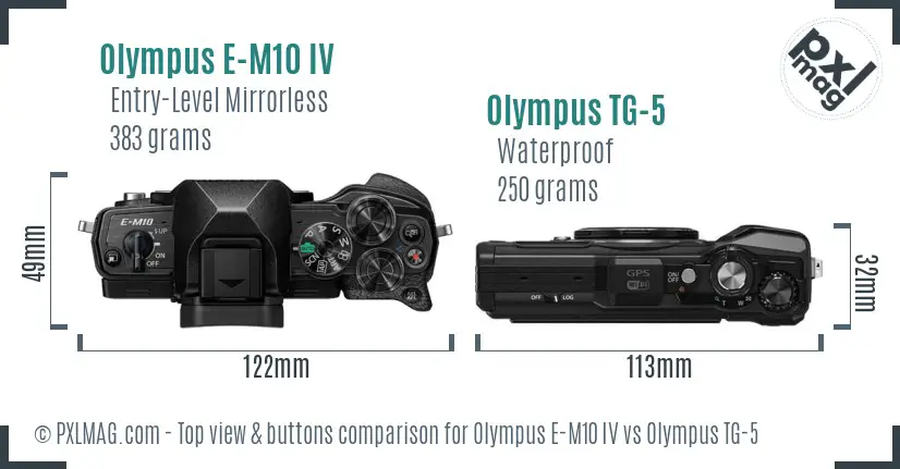 Olympus E-M10 IV vs Olympus TG-5 top view buttons comparison