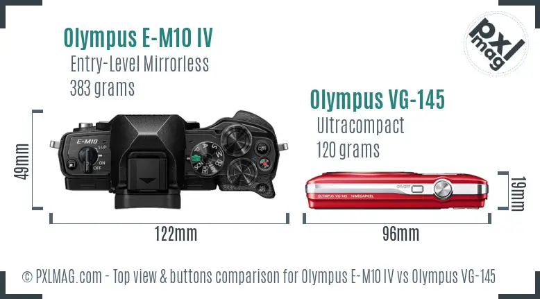 Olympus E-M10 IV vs Olympus VG-145 top view buttons comparison