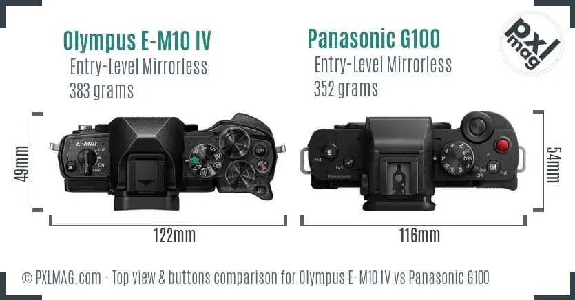 Olympus E-M10 IV vs Panasonic G100 top view buttons comparison