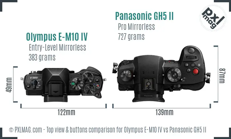 Olympus E-M10 IV vs Panasonic GH5 II top view buttons comparison Olympus E-M10 IV vs Panasonic GH5 II top view buttons comparison