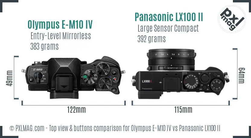 Olympus E-M10 IV vs Panasonic LX100 II top view buttons comparison