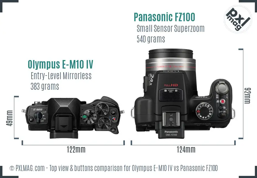 Olympus E-M10 IV vs Panasonic FZ100 top view buttons comparison