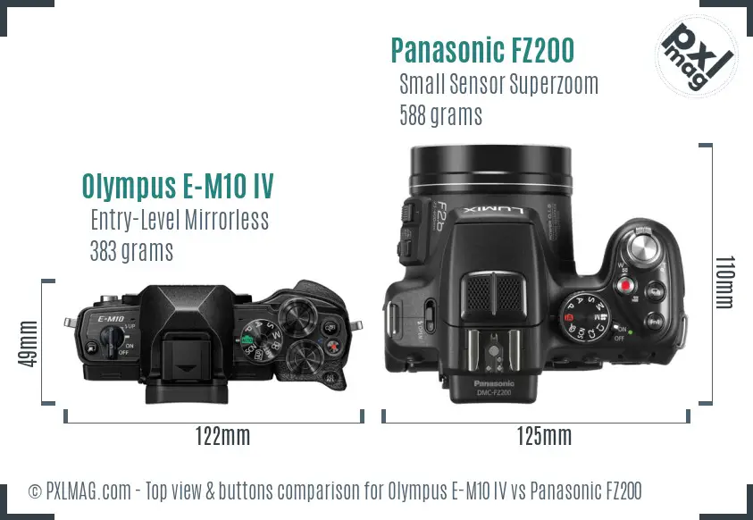 Olympus E-M10 IV vs Panasonic FZ200 top view buttons comparison