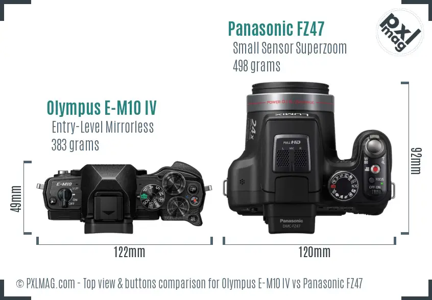 Olympus E-M10 IV vs Panasonic FZ47 top view buttons comparison