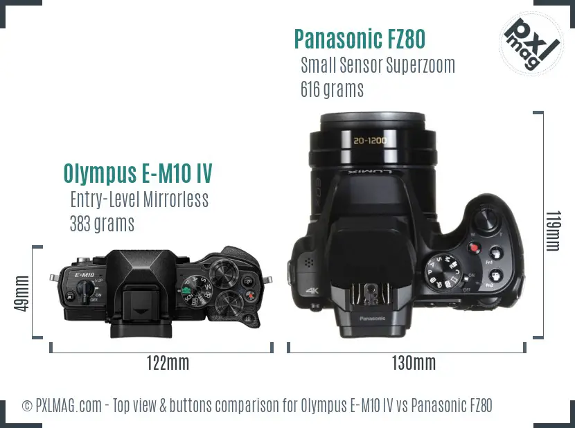 Olympus E-M10 IV vs Panasonic FZ80 top view buttons comparison