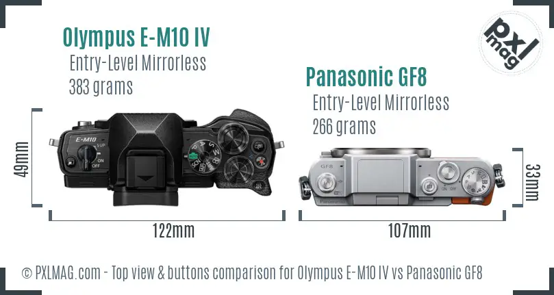 Olympus E-M10 IV vs Panasonic GF8 top view buttons comparison