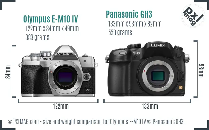 Olympus E-M10 IV vs Panasonic GH3 size comparison