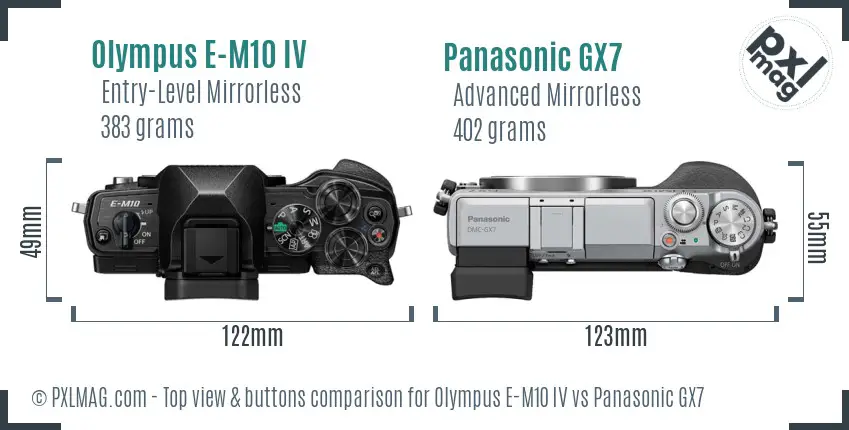 Olympus E-M10 IV vs Panasonic GX7 top view buttons comparison