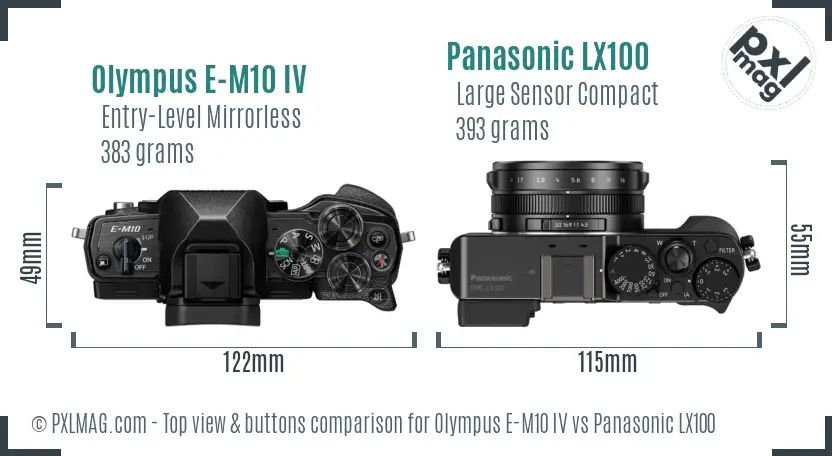 Olympus E-M10 IV vs Panasonic LX100 top view buttons comparison