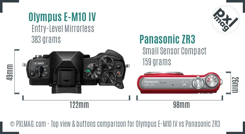 Olympus E-M10 IV vs Panasonic ZR3 top view buttons comparison