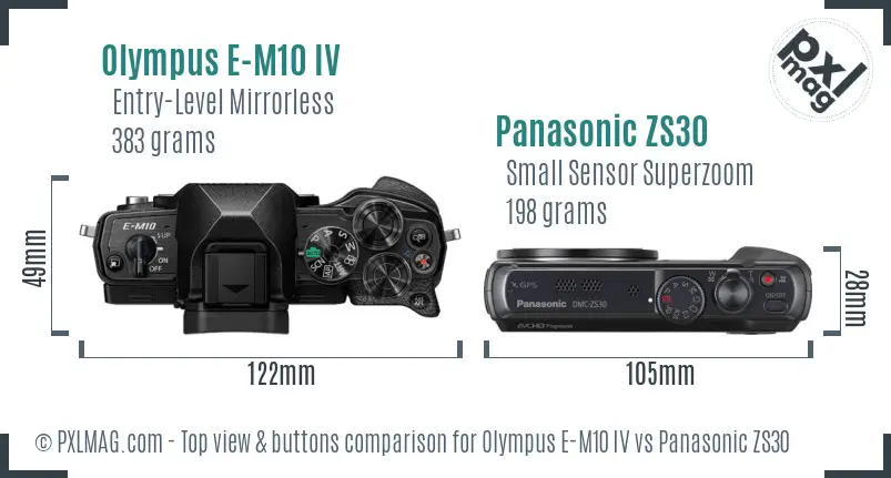 Olympus E-M10 IV vs Panasonic ZS30 top view buttons comparison