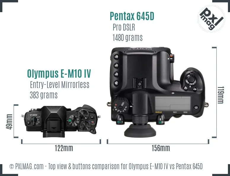 Olympus E-M10 IV vs Pentax 645D top view buttons comparison