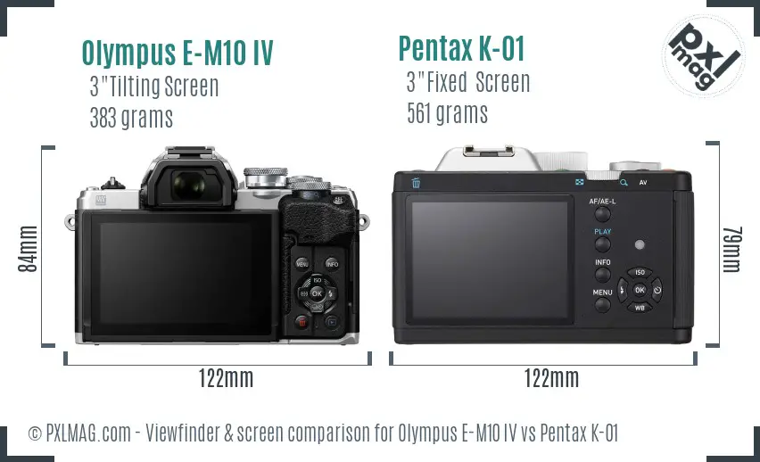 Olympus E-M10 IV vs Pentax K-01 Screen and Viewfinder comparison