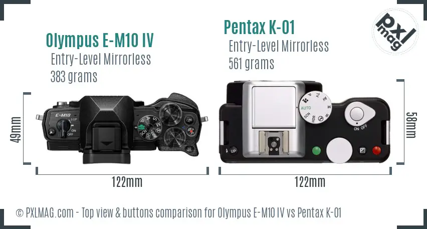 Olympus E-M10 IV vs Pentax K-01 top view buttons comparison