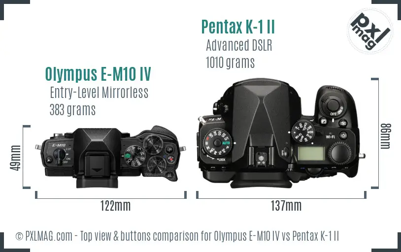 Olympus E-M10 IV vs Pentax K-1 II top view buttons comparison