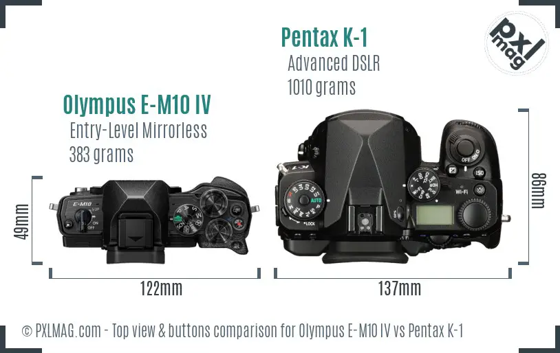 Olympus E-M10 IV vs Pentax K-1 top view buttons comparison