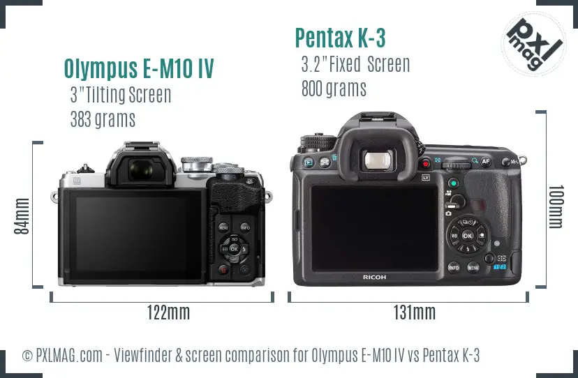 Olympus E-M10 IV vs Pentax K-3 Screen and Viewfinder comparison