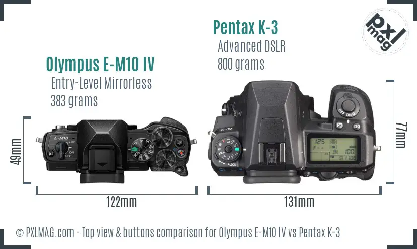 Olympus E-M10 IV vs Pentax K-3 top view buttons comparison