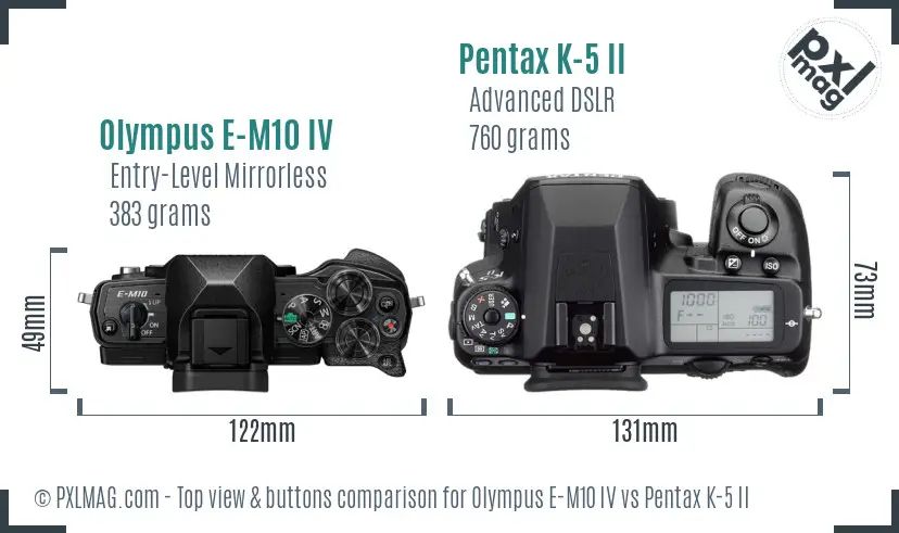 Olympus E-M10 IV vs Pentax K-5 II top view buttons comparison