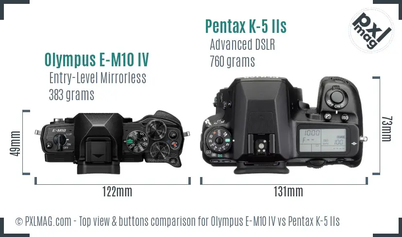 Olympus E-M10 IV vs Pentax K-5 IIs top view buttons comparison