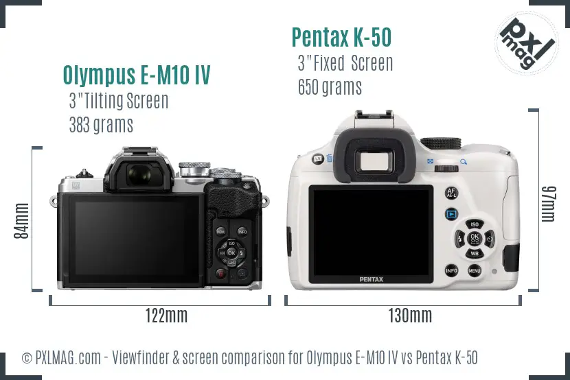 Olympus E-M10 IV vs Pentax K-50 Screen and Viewfinder comparison