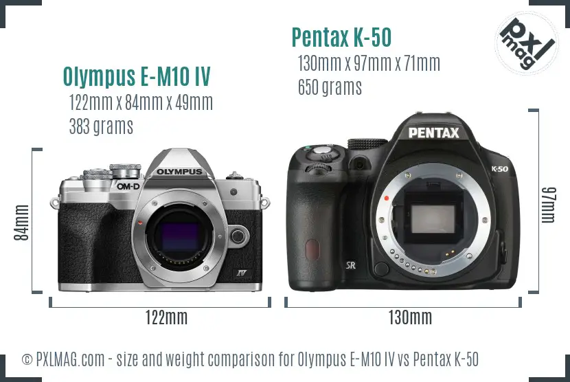 Olympus E-M10 IV vs Pentax K-50 size comparison