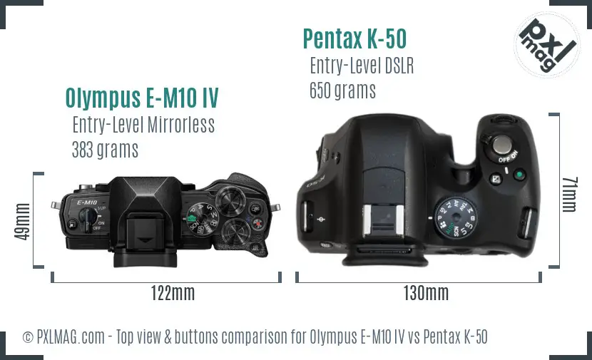 Olympus E-M10 IV vs Pentax K-50 top view buttons comparison