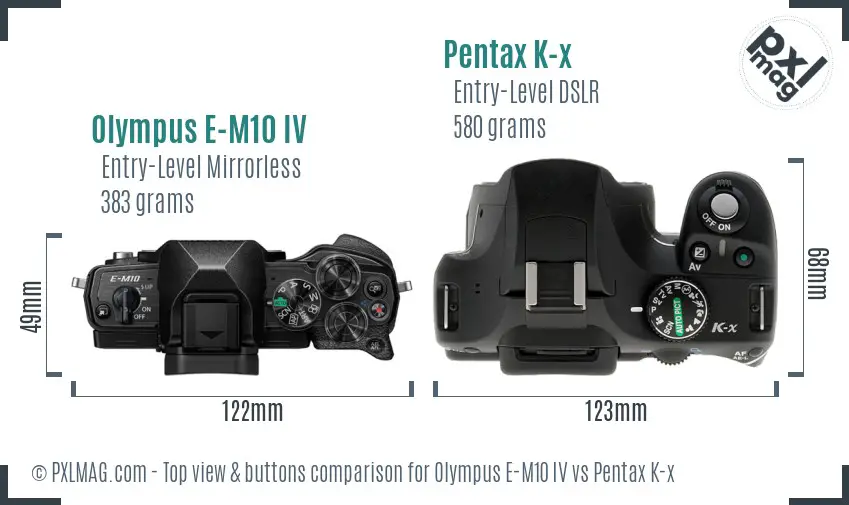 Olympus E-M10 IV vs Pentax K-x top view buttons comparison