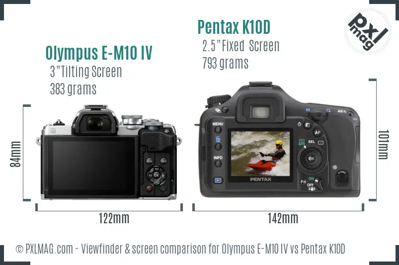 Olympus E-M10 IV vs Pentax K10D Screen and Viewfinder comparison