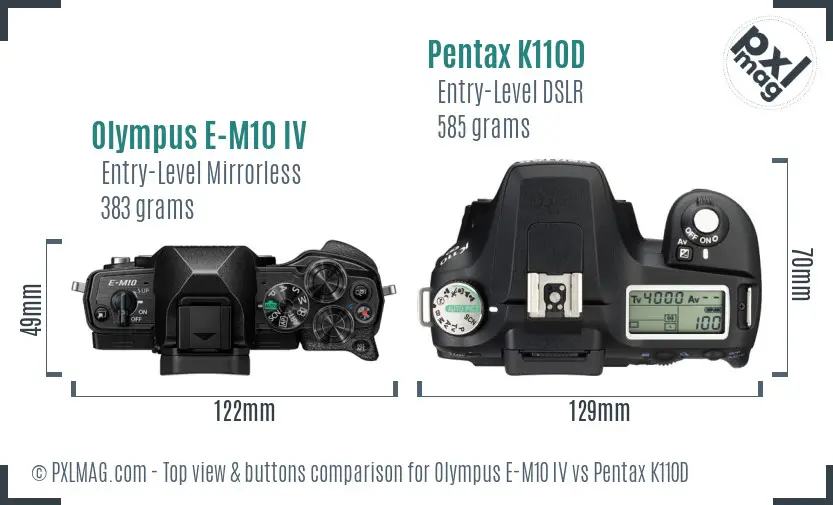 Olympus E-M10 IV vs Pentax K110D top view buttons comparison