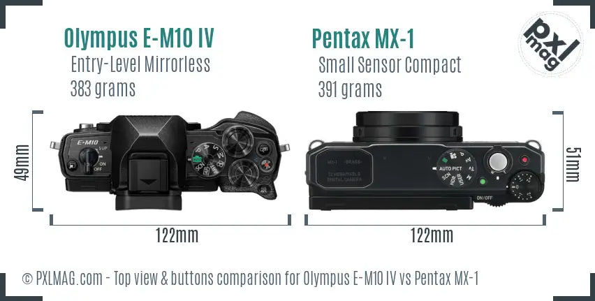 Olympus E-M10 IV vs Pentax MX-1 top view buttons comparison
