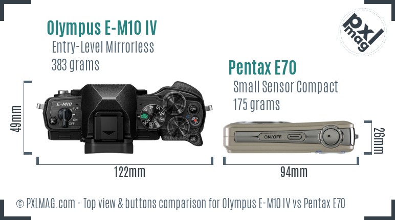 Olympus E-M10 IV vs Pentax E70 top view buttons comparison