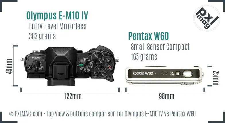 Olympus E-M10 IV vs Pentax W60 top view buttons comparison