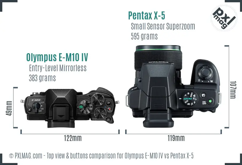Olympus E-M10 IV vs Pentax X-5 top view buttons comparison