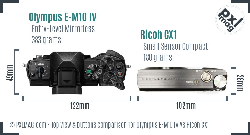 Olympus E-M10 IV vs Ricoh CX1 top view buttons comparison