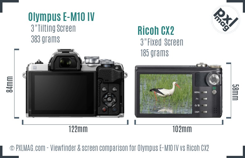 Olympus E-M10 IV vs Ricoh CX2 Screen and Viewfinder comparison