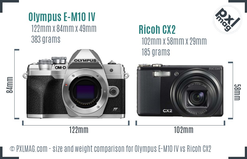Olympus E-M10 IV vs Ricoh CX2 size comparison