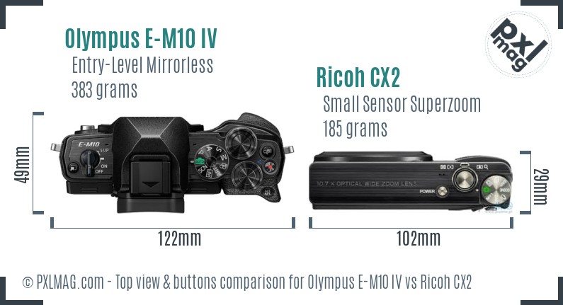 Olympus E-M10 IV vs Ricoh CX2 top view buttons comparison