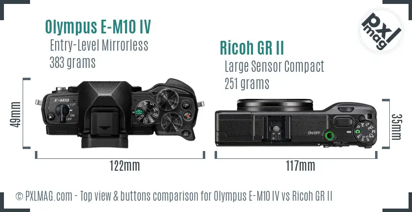 Olympus E-M10 IV vs Ricoh GR II top view buttons comparison