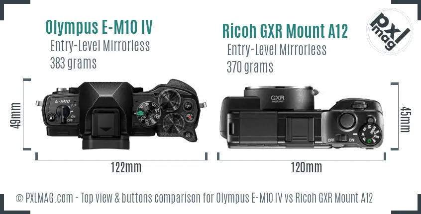 Olympus E-M10 IV vs Ricoh GXR Mount A12 top view buttons comparison