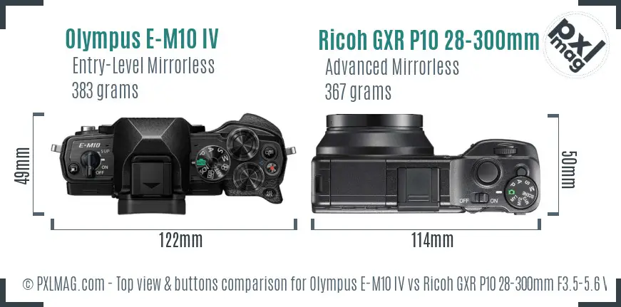 Olympus E-M10 IV vs Ricoh GXR P10 28-300mm F3.5-5.6 VC top view buttons comparison