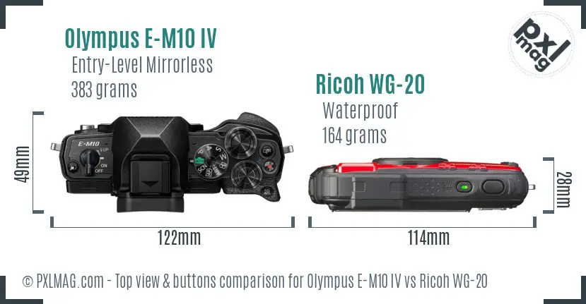 Olympus E-M10 IV vs Ricoh WG-20 top view buttons comparison