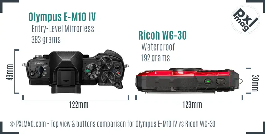 Olympus E-M10 IV vs Ricoh WG-30 top view buttons comparison Olympus E-M10 IV vs Ricoh WG-30 top view buttons comparison