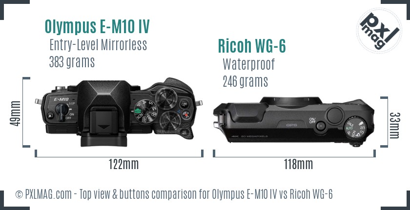 Olympus E-M10 IV vs Ricoh WG-6 top view buttons comparison